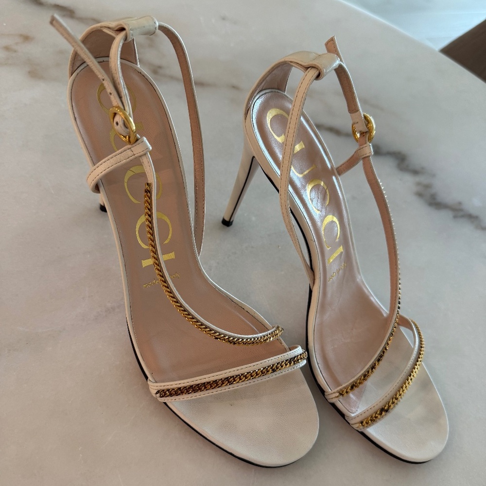 Gucci Heels (ivory leather and gold chain straps)